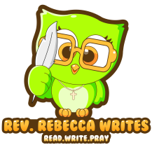 A green owl logo for Rev. Rebecca Writes