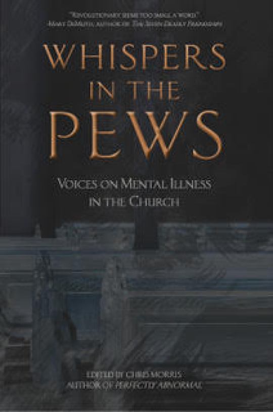 Cover image of whispers in the pews is dark with gold letters