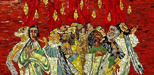 a mosaic showing flames dancing around the heads of the disciples