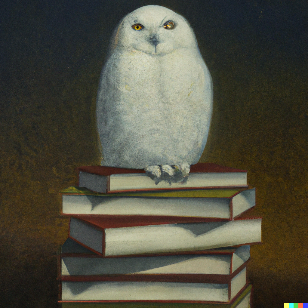 an owl sitting on a stack of books